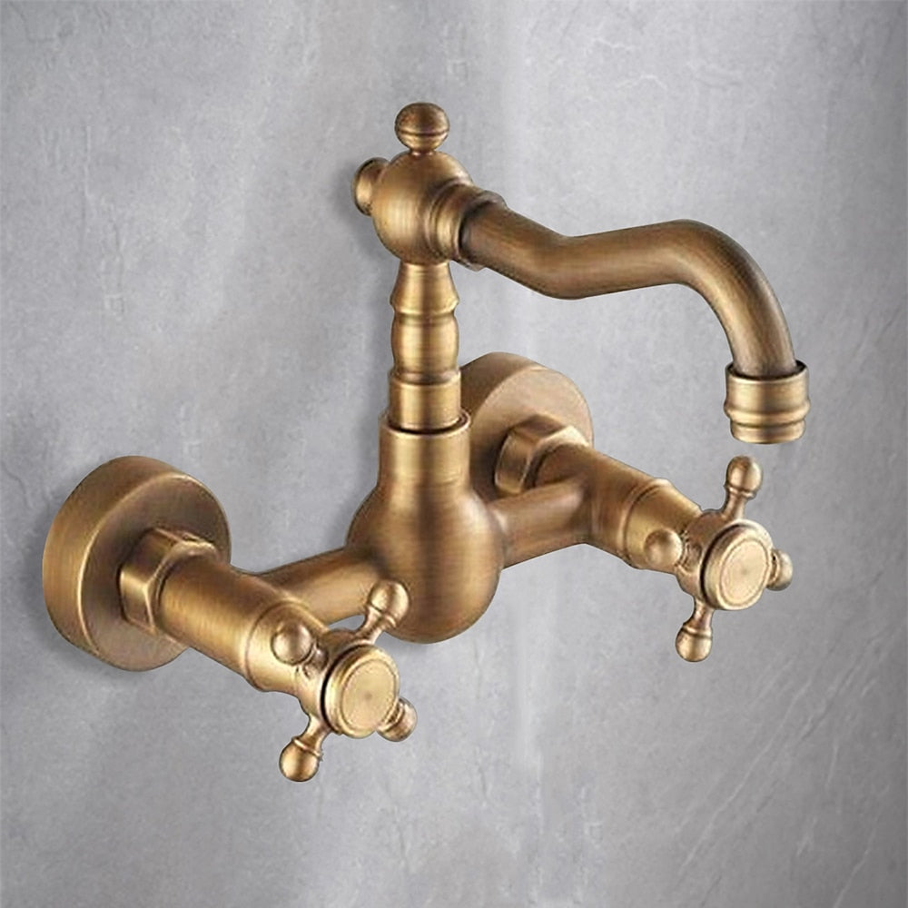 Antique Brass Wall-Mount Kitchen Faucet, Traditional Double Cross Handle Swivel Spout Faucet