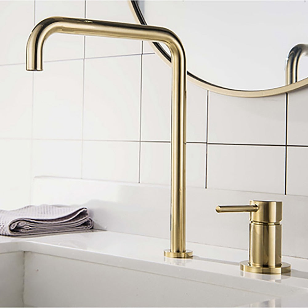 Modern High-Arc Brass Bathroom Faucet, 2-Hole Widespread Single-Handle Sink Faucet, Brushed Gold / Matte Black / Chrome