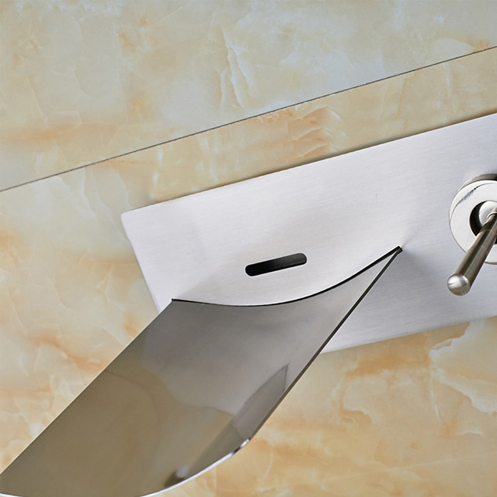 LED Waterfall Brushed Nickel Bathroom Sink Faucet, Modern Wall-Mount Single-Handle Faucet