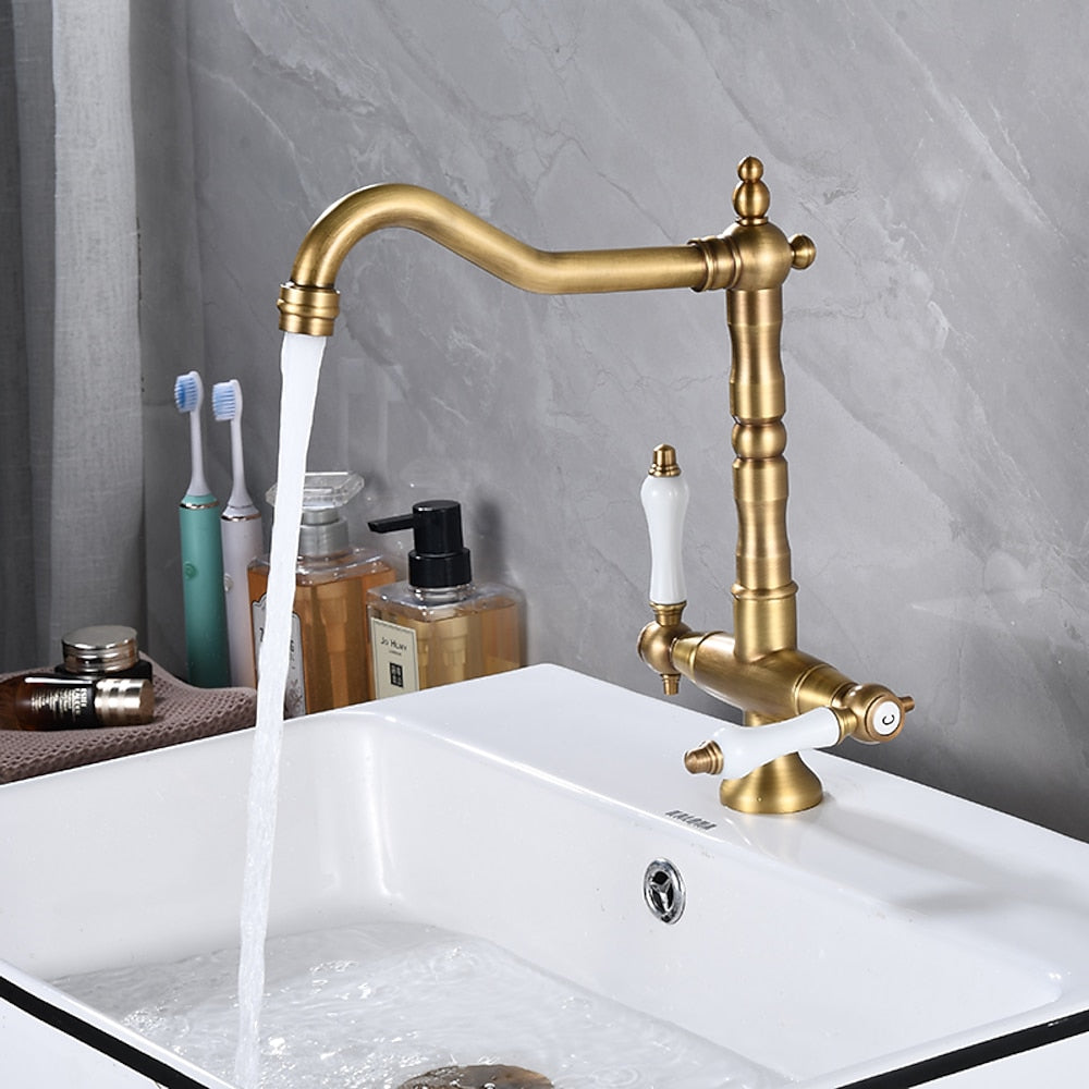 Antique Single-Hole Bathroom Faucet, Dual Ceramic Handle Swivel Spout Faucet, Antique Brass / Brushed Nickel / Chrome / Matte Black / Polished Gold