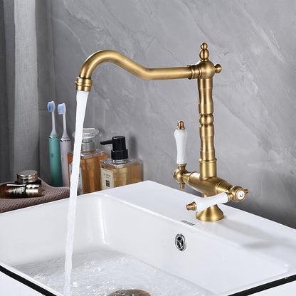 Antique Single-Hole Bathroom Faucet, Dual Ceramic Handle Swivel Spout Faucet, Antique Brass / Brushed Nickel / Chrome / Matte Black / Polished Gold