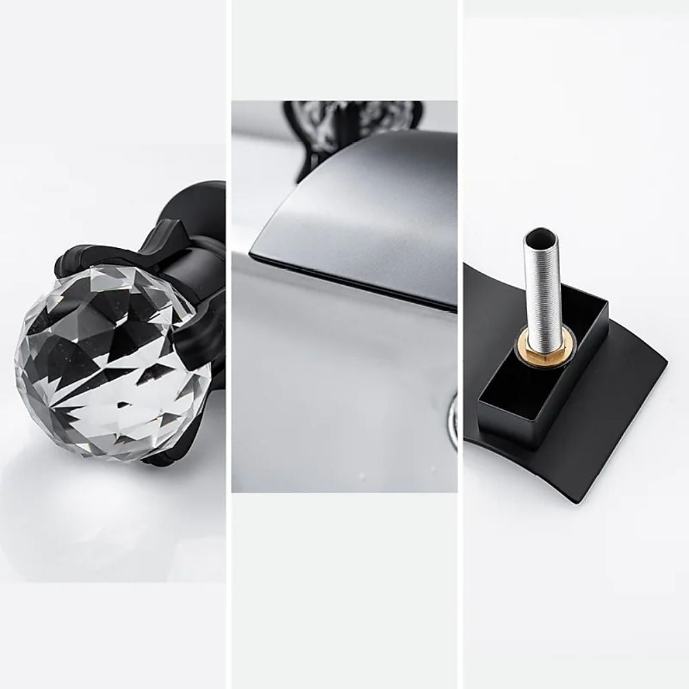 Waterfall Widespread Bathroom Sink Faucet, Double Crystal Knob Handle Deck Mounted Faucet, Matte Black / Chrome / Brushed Gold / Brushed Nickel / Gunmetal / PVD