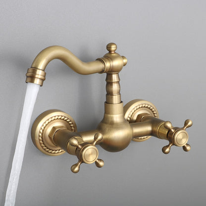 Retro Antique Brass Wall-Mount Bathroom Faucet, Double Cross Handle Swivel Spout Faucet