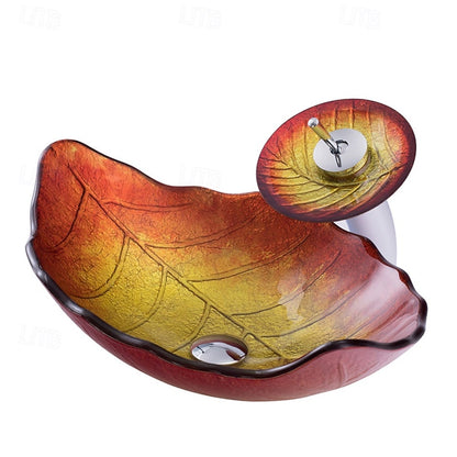 Modern Leaf-Shaped Glass Vessel Sink, Single-Handle Waterfall Spout Faucet Combo with Pop-Up Drain, Multi- / Bronze / Black / Gold