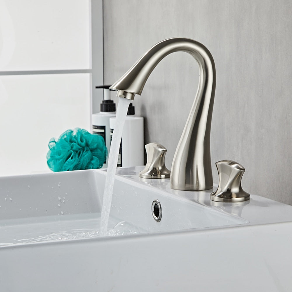 Widespread Double-Handle Bathroom Faucet, Modern High Arc Brass Basin Faucet, Chrome / Polished Gold / Brushed Nickel / Oil-Rubbed Bronze