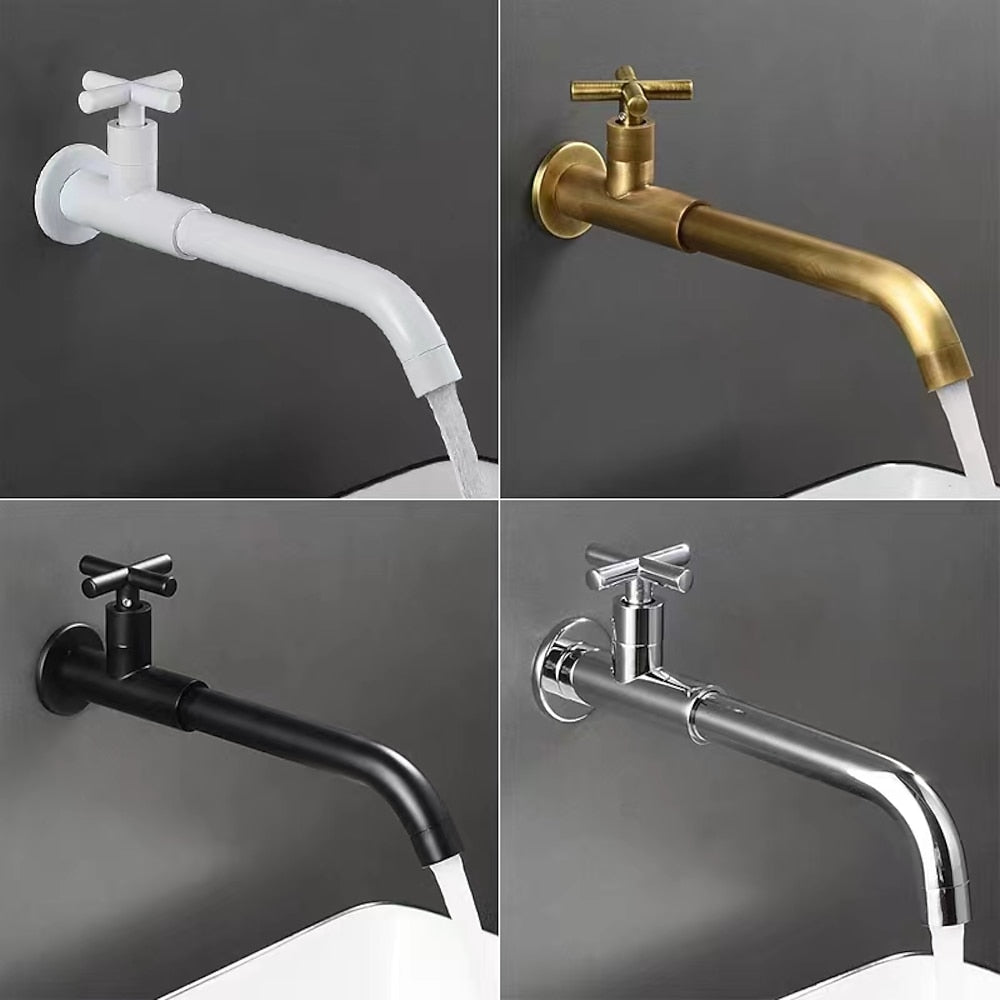 Wall-Mount Single-Hole Bathroom Faucet, Single Cross Handle Cold Water Faucet, Chrome / Matte Black / Polished Gold / Antique Brass / Matte White