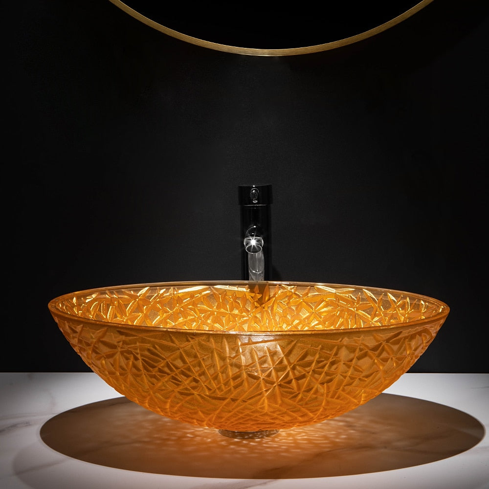 Orange Oval Glass Vessel Sink with Chrome Faucet, Single-Handle Bathroom Vessel Faucet with Pop-Up Drain