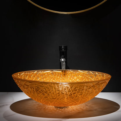 Orange Oval Glass Vessel Sink with Chrome Faucet, Single-Handle Bathroom Vessel Faucet with Pop-Up Drain