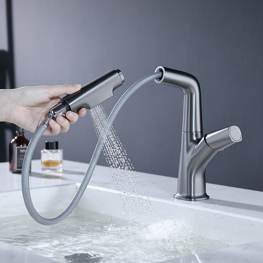 Modern Height-Adjustable Pull-Out Bathroom Faucet, Single-Hole Single-Handle Brass Faucet, Chrome / Matte Black / Matte White / Gunmetal