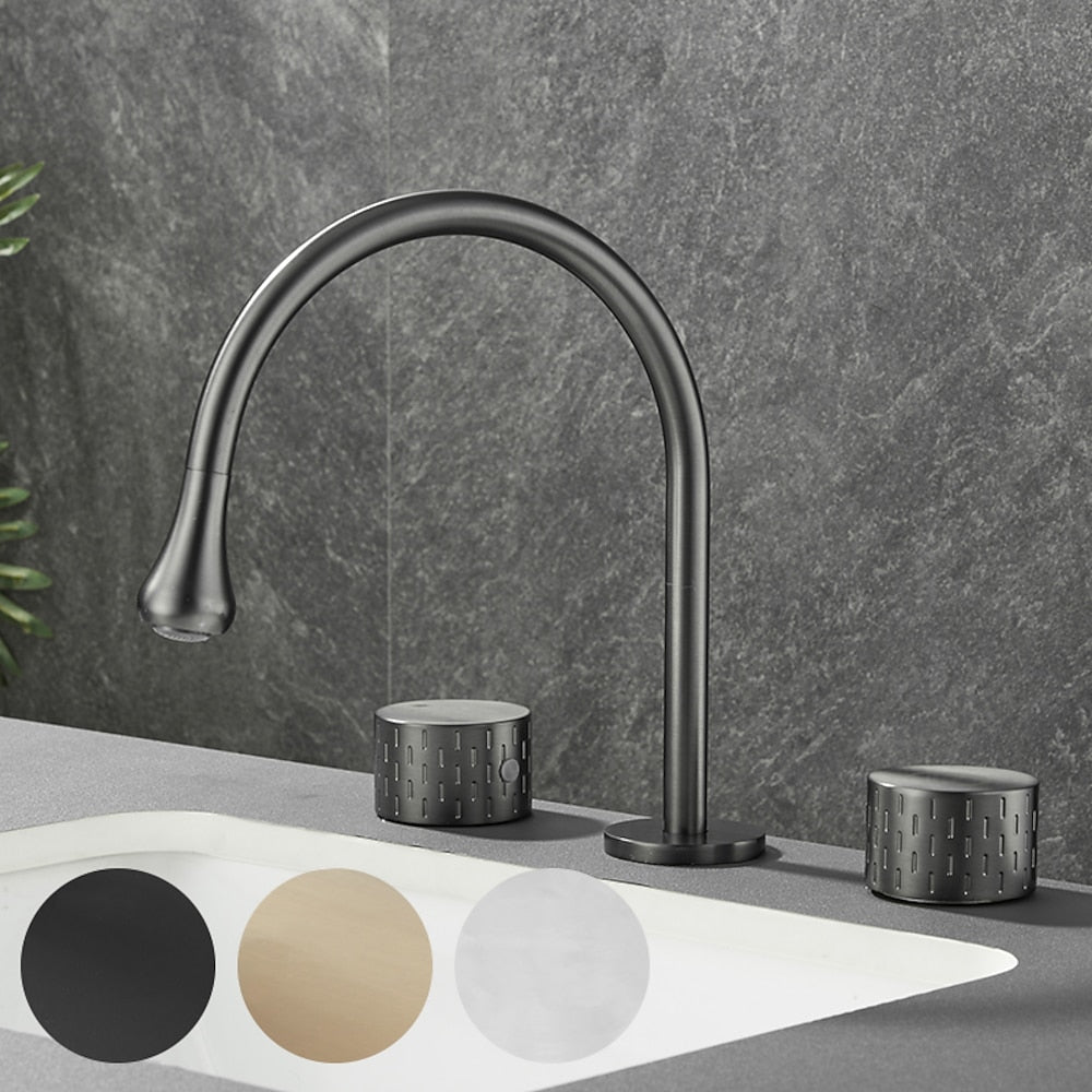 360-Degree Swivel Modern Bathroom Sink Faucet, 3-Hole Widespread Brass Faucet, Gunmetal / Matte Black / Brushed Gold / Chrome