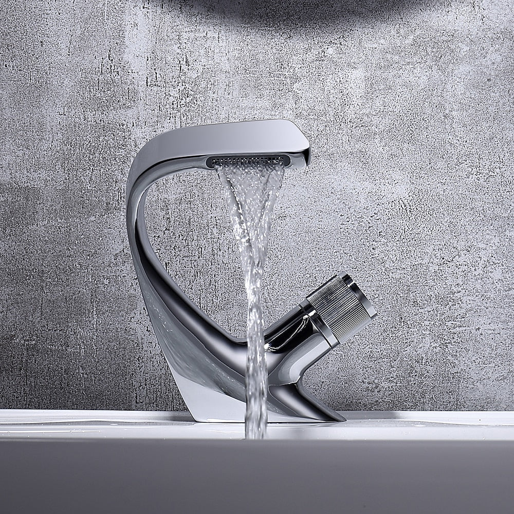 Modern Waterfall Bathroom Faucet, Single-Hole Brass Vessel Sink Faucet