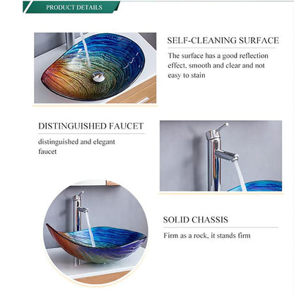 Modern Boat-Shape Tempered Glass Vessel Sink Faucet Combo, Vessel Sink Faucet Combo with Pop-Up Drain, Multi- / Gold / Bronze / Copper / Silver