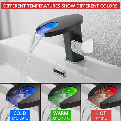 LED Waterfall Bathroom Faucet, Single-Handle Deck-Mount Faucet, Matte Black / Chrome / Polished Gold / Matte White