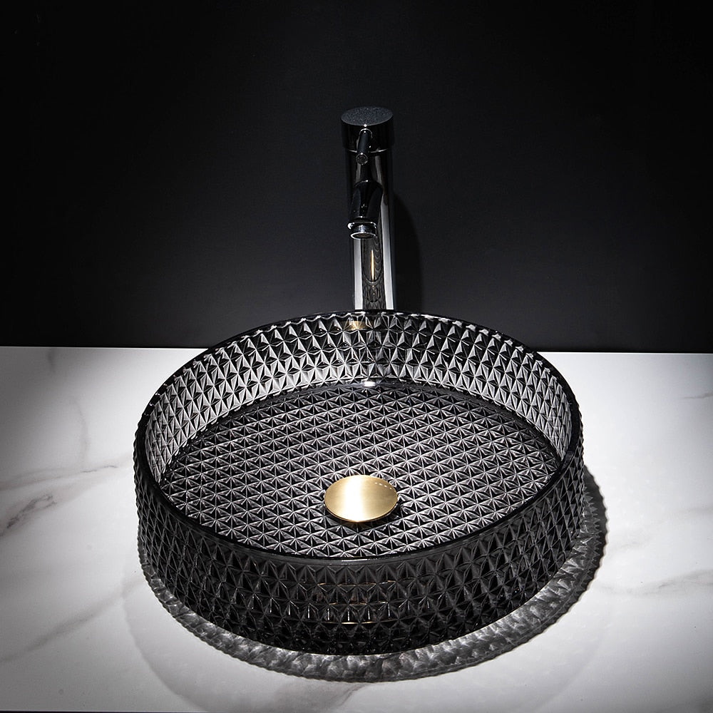 Modern Round Tempered Glass Vessel Bathroom Sink, Vanity Wash Basin Set with Chrome Faucet