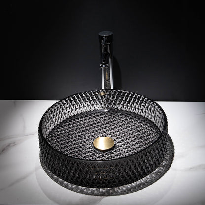 Modern Round Tempered Glass Vessel Bathroom Sink, Vanity Wash Basin Set with Chrome Faucet