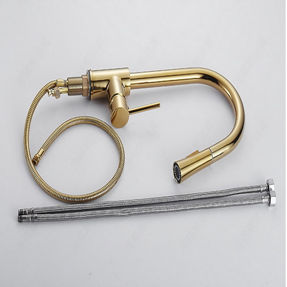 Polished Brass Pull-Down Kitchen Faucet, Single-Hole Single-Handle High Arc Swivel Brass Faucet