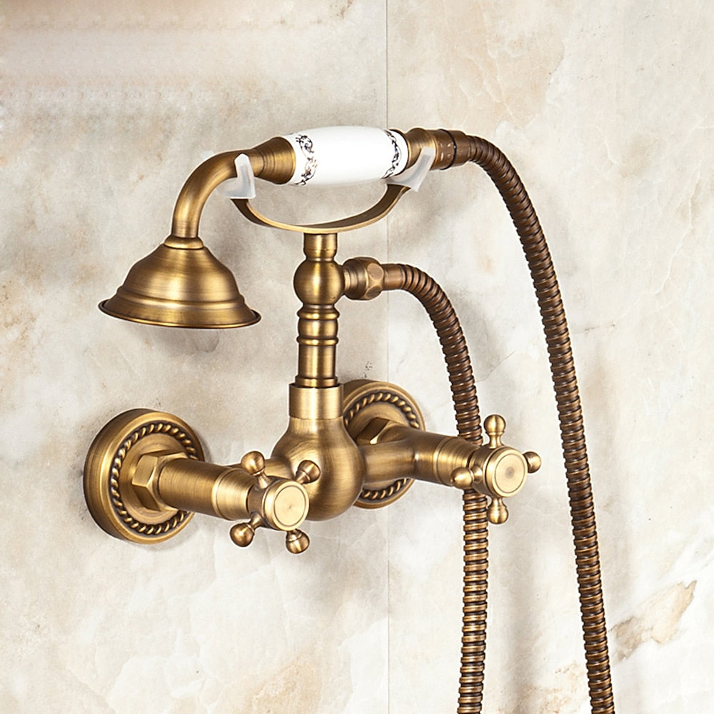 Antique Brass Wall-Mount Tub Filler Faucet, Double Cross Handle Telephone Bath Mixer Tap with Handheld Shower