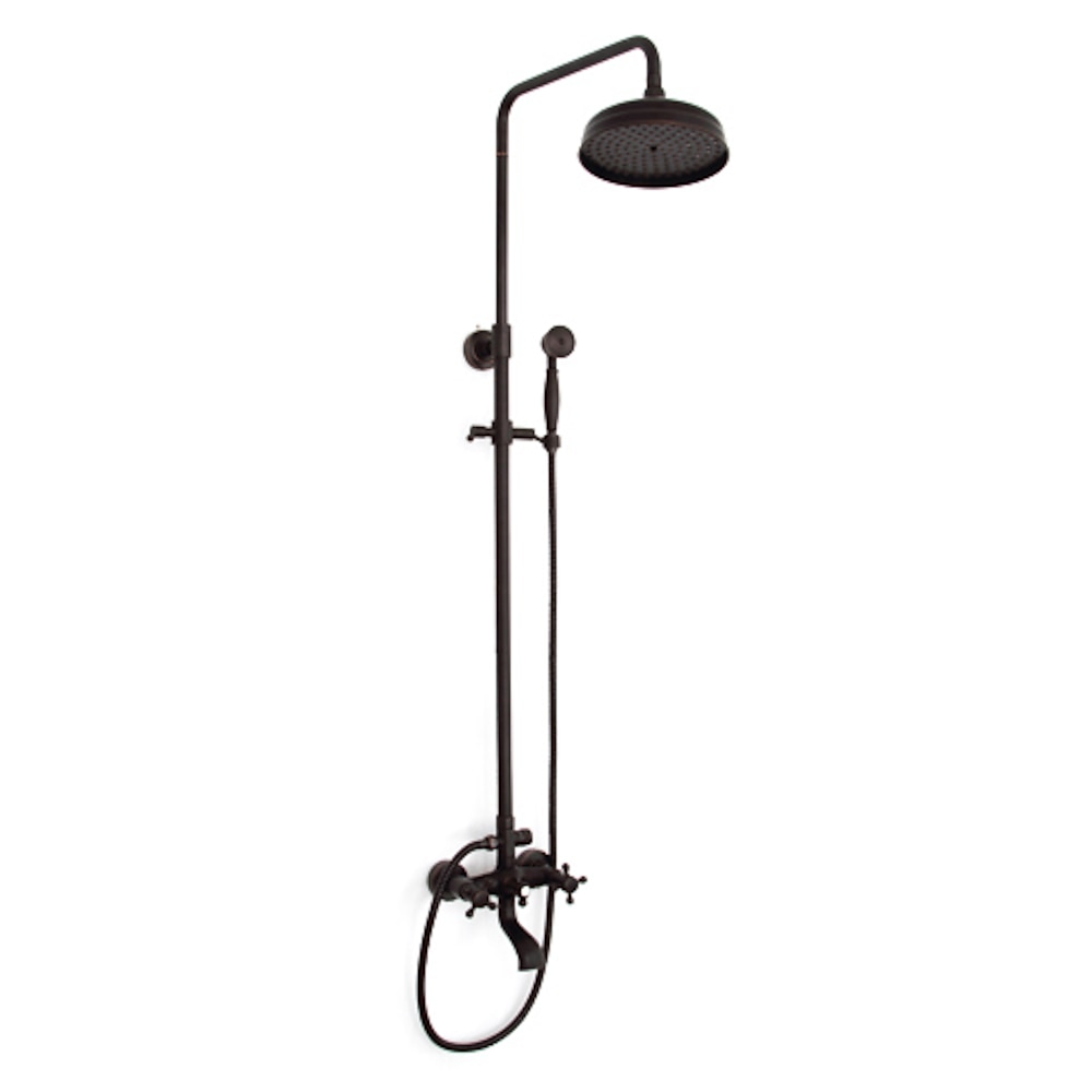 Oil-Rubbed Bronze Antique Wall-Mount Shower Faucet System, 3-Function Dual-Handle Brass Faucet with 8-Inch Rainfall Showerhead / Handheld Shower