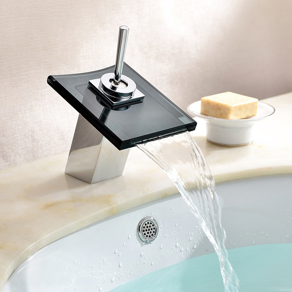 Lagomel waterfall single-hole bathroom faucet in chrome, two-tone / mixed finish, set in a Modern/Contemporary/Minimalist bathroom