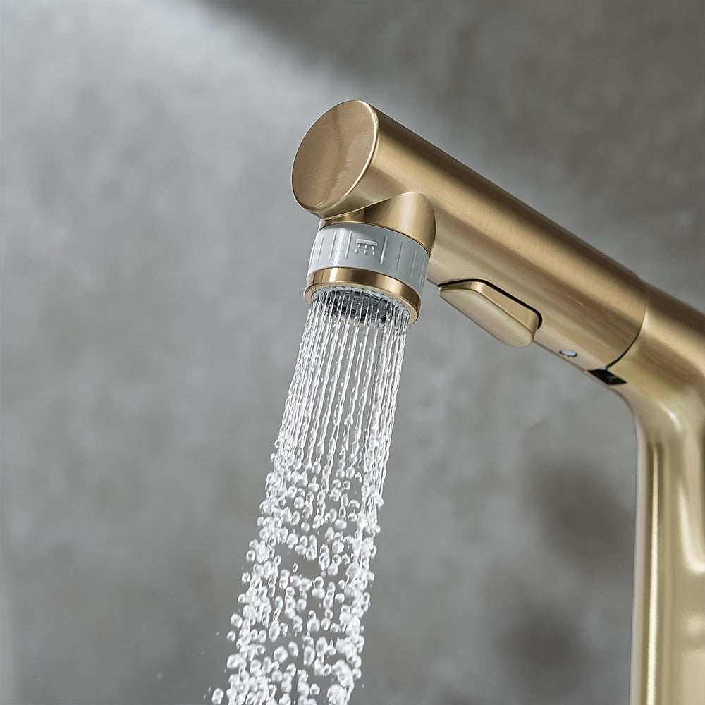 Modern Pull-Out Bathroom Sink Faucet, Single-Handle Swivel Spout Faucet, Brushed Gold / Chrome / Matte Black / Gunmetal