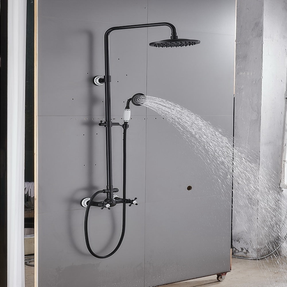 Oil-Rubbed Bronze Traditional Complete Shower System, Wall-Mounted Dual-Handle Brass Shower Faucet with Handheld Shower