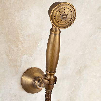 Antique Brass Wall-Mount Tub Filler Faucet, Double Cross Handle Telephone Bath Mixer Tap with Handheld Shower
