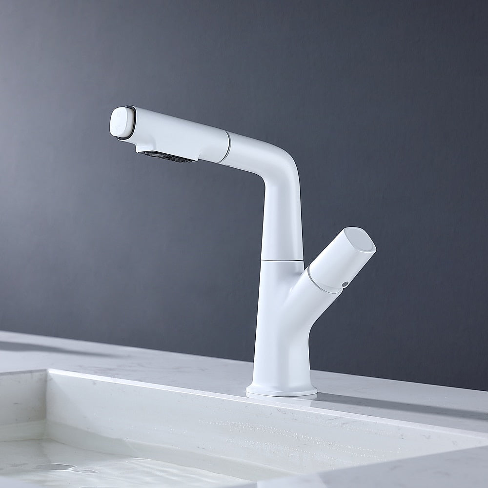Modern Height-Adjustable Pull-Out Bathroom Faucet, Single-Hole Single-Handle Brass Faucet, Chrome / Matte Black / Matte White / Gunmetal