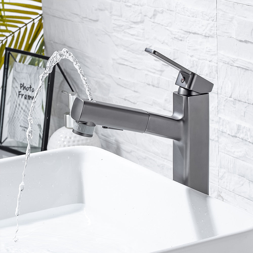 Pull-Out Single-Hole Brass Bathroom Faucet, Upward Fountain Spout Faucet, Chrome / Matte Black / Brushed Gold / Gunmetal
