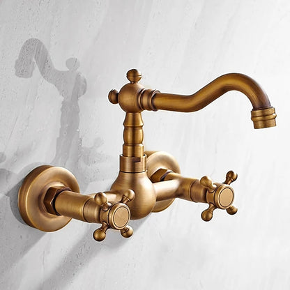 Antique Brass Wall-Mount Bathroom Faucet, Double Cross Handle Swivel Spout Faucet