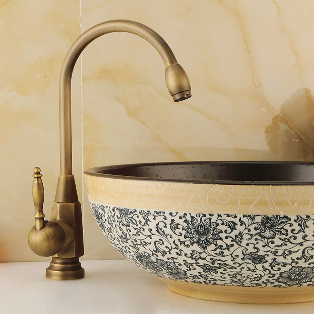 360-Degree Swivel High Arc Vessel Sink Faucet, Single-Handle Single-Hole Bathroom Faucet, Antique Brass / Matte Black