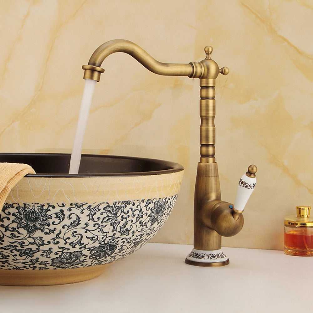 Antique Single-Hole Vessel Sink Faucet, High-Arc Faucet with Ceramic Lever Handle