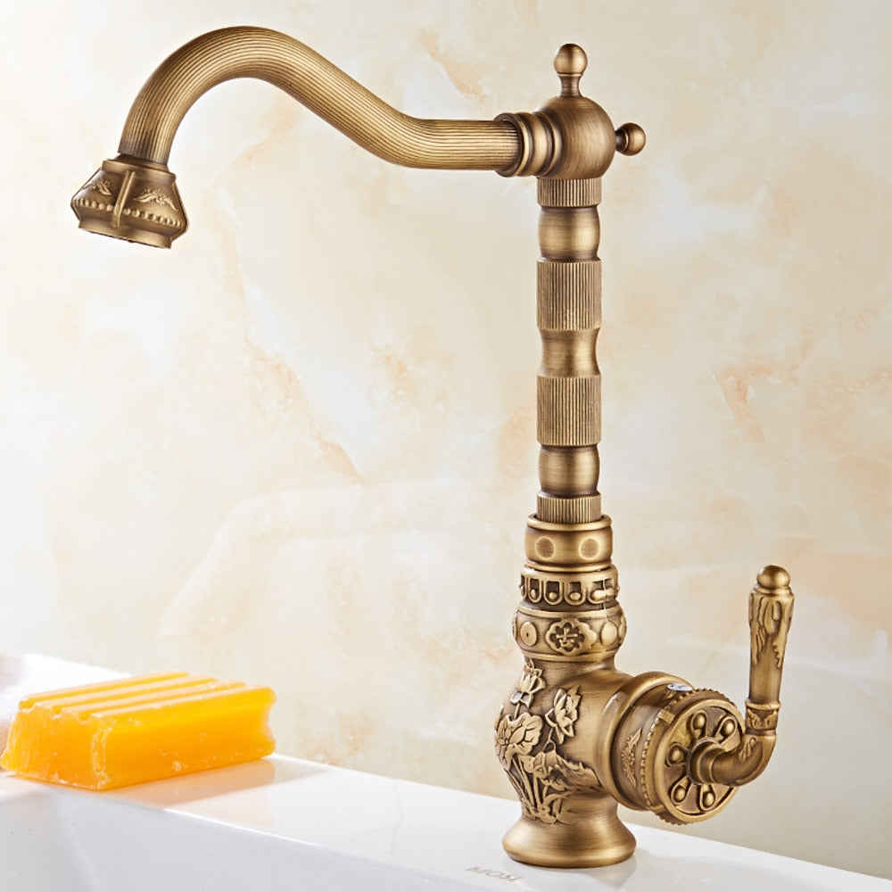 Antique Brass Traditional Single-Handle Kitchen Faucet, High Arc Swivel Spout Sink Faucet with Water Inlet Hoses