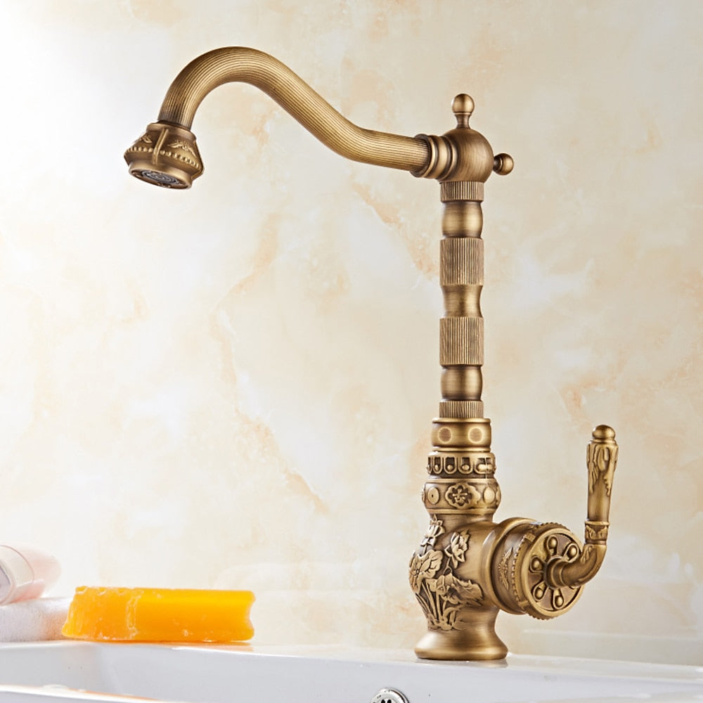 Antique Brass Traditional Single-Handle Kitchen Faucet, High Arc Swivel Spout Sink Faucet with Water Inlet Hoses