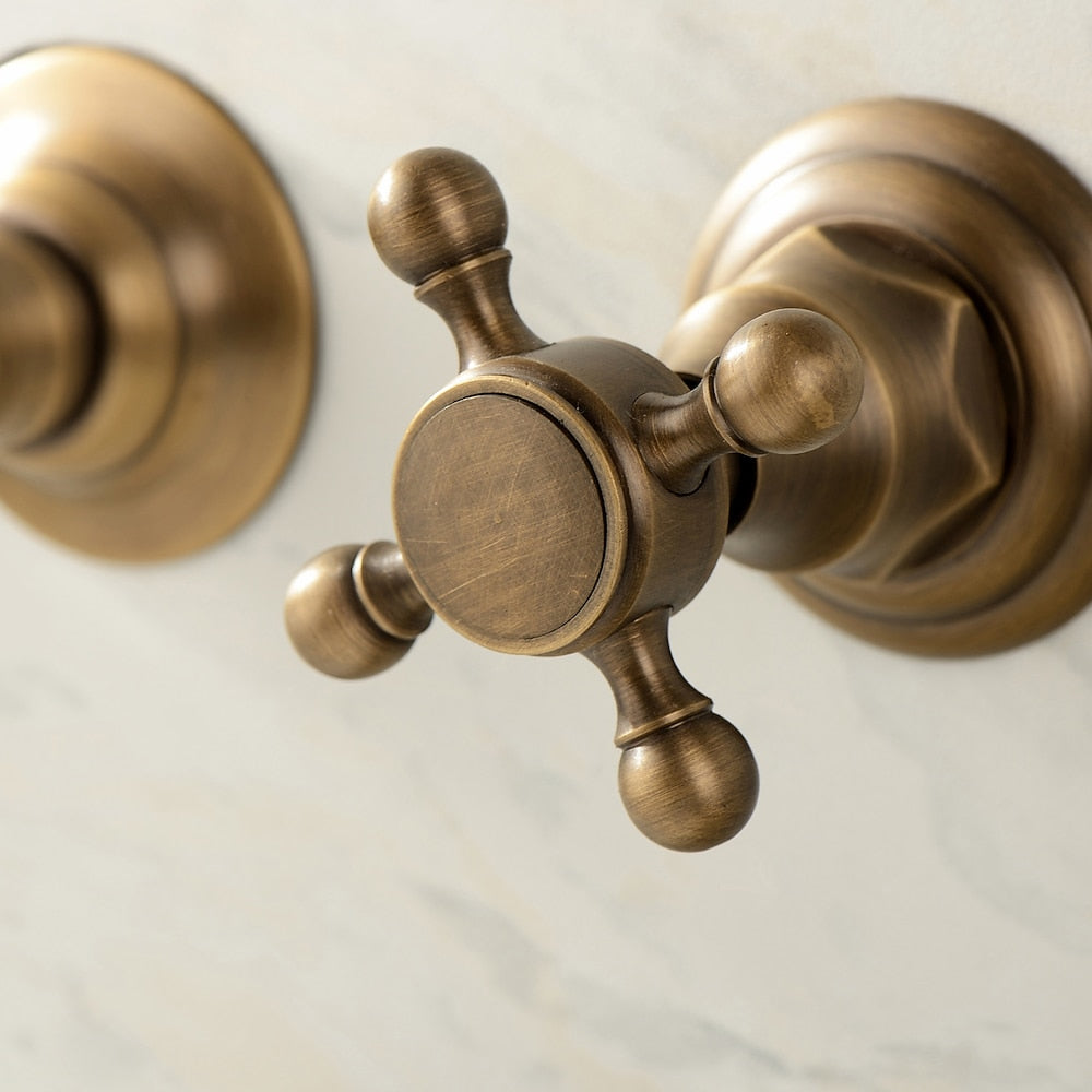 360-Degree Swivel Spout Wall-Mount Bathroom Faucet, Traditional Dual Cross Handle Brass Faucet, Antique Brass / Matte Black / Chrome / Matte White