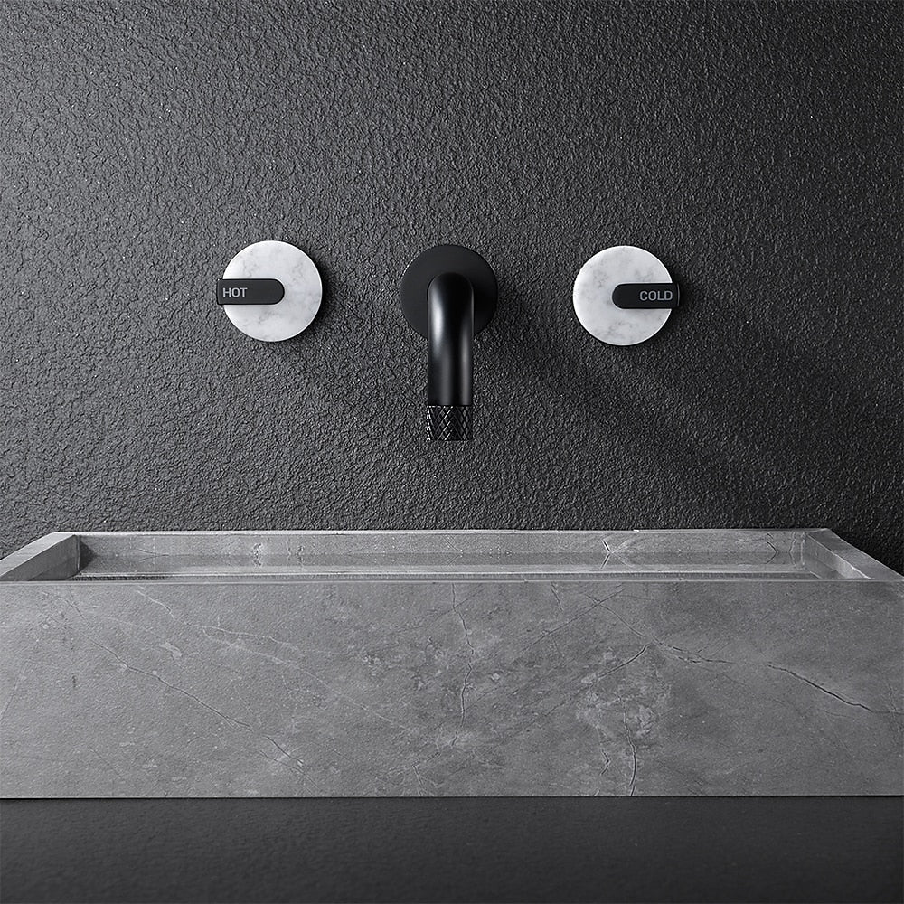 Matte Black Wall-Mount Bathroom Faucet, Rotatable Spout Dual-Handle Faucet with Marble Handles