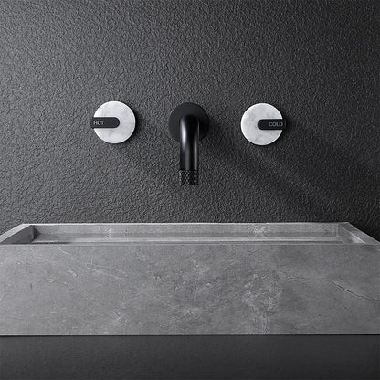 Matte Black Wall-Mount Bathroom Faucet, Rotatable Spout Dual-Handle Faucet with Marble Handles