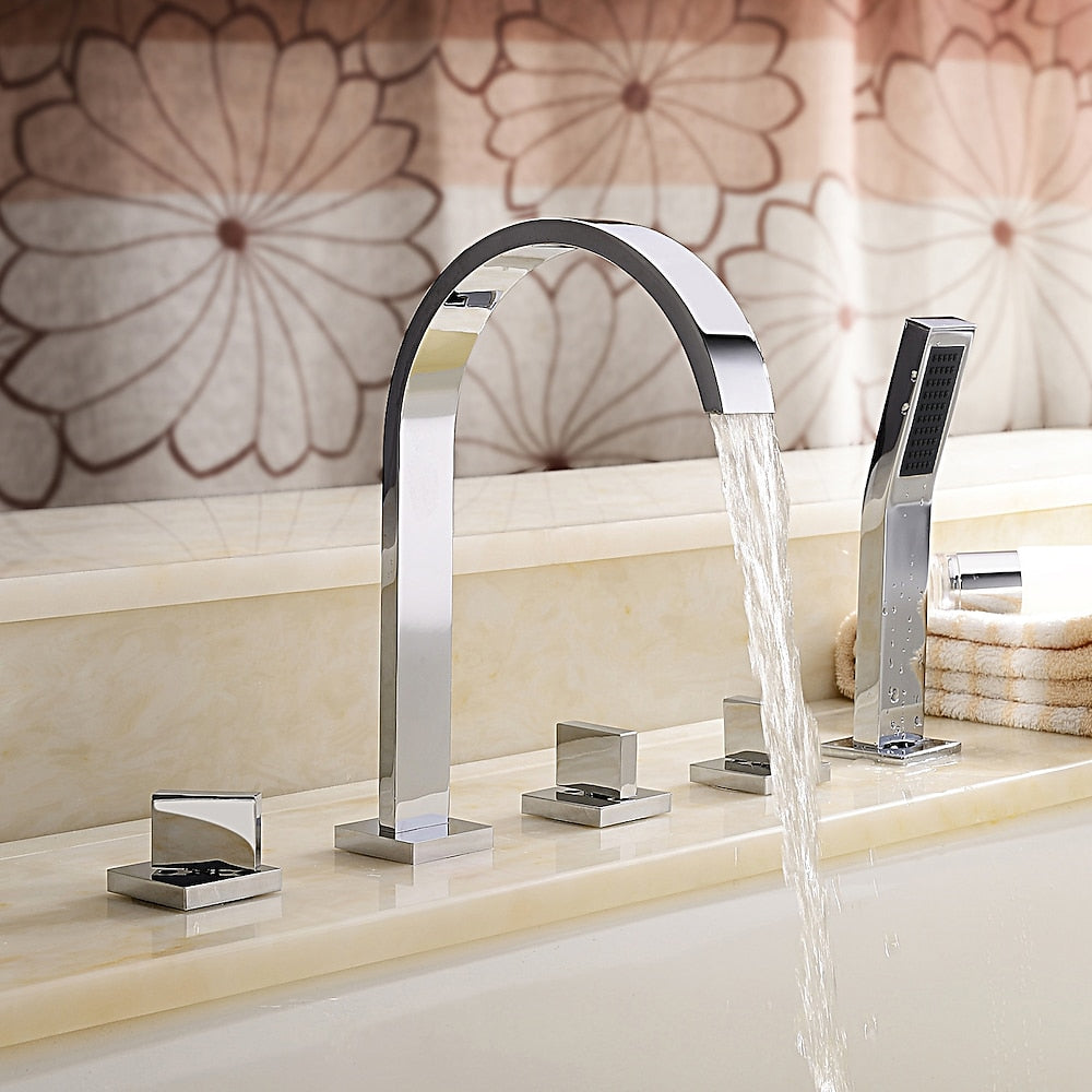 Chrome Waterfall Roman Tub Faucet, 3-Handle Deck-Mount Faucet with Handheld Shower