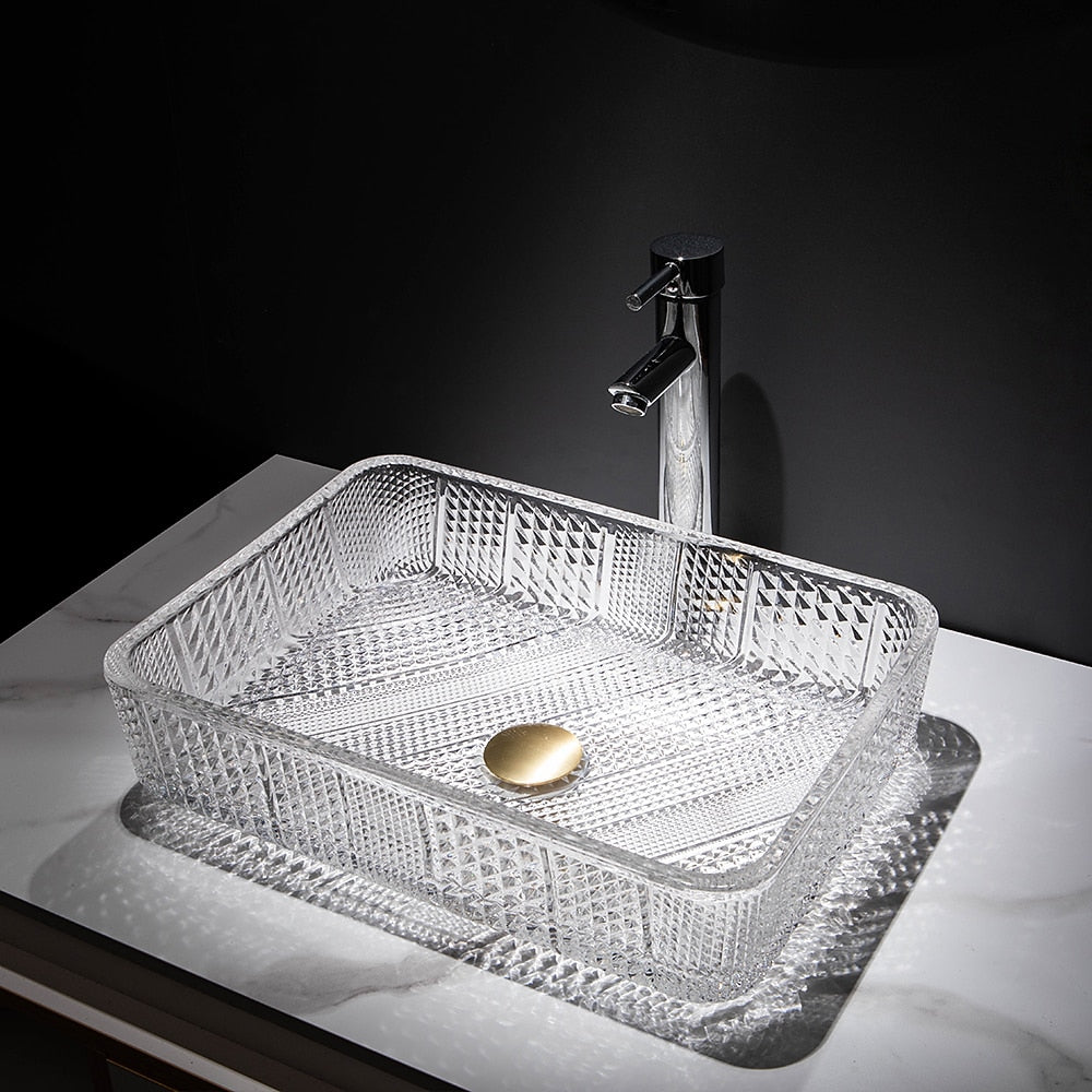 Transparent Rectangular Glass Vessel Sink, Single-Handle Chrome Faucet / Gold Pop-Up Drain Vessel Sink Set