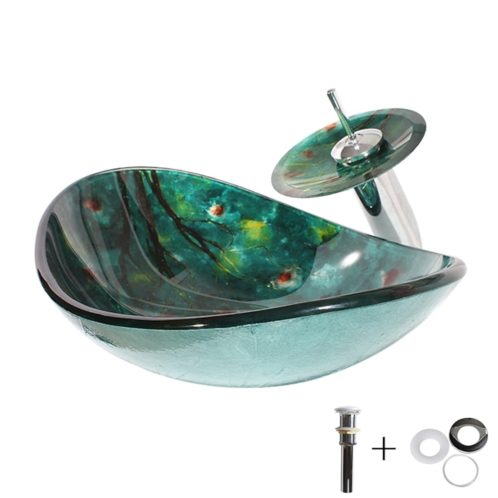 Green Art Tempered Glass Waterfall Vessel Sink Faucet Set, Single-Handle Chrome Deck-Mount Faucet with Pop-Up Drain