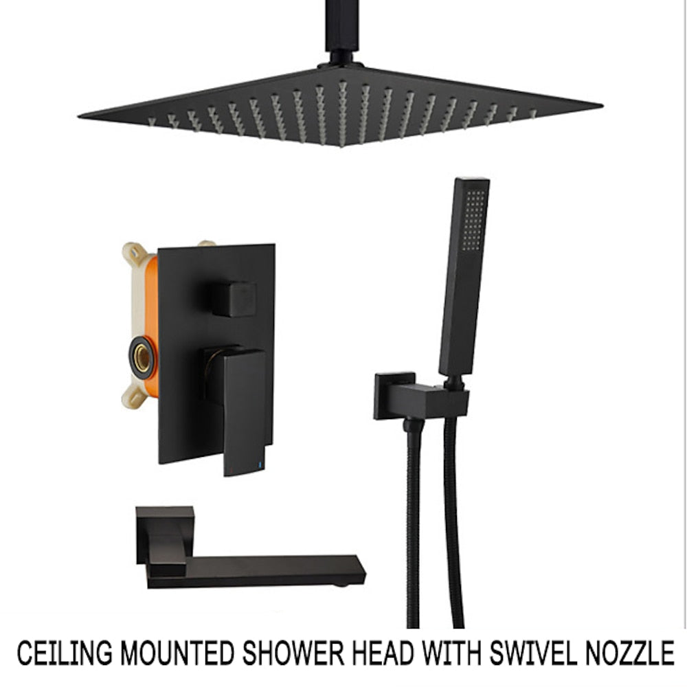 Matte Black Rainfall Shower System, Single-Handle Wall-Mount Faucet Set with Handheld Shower