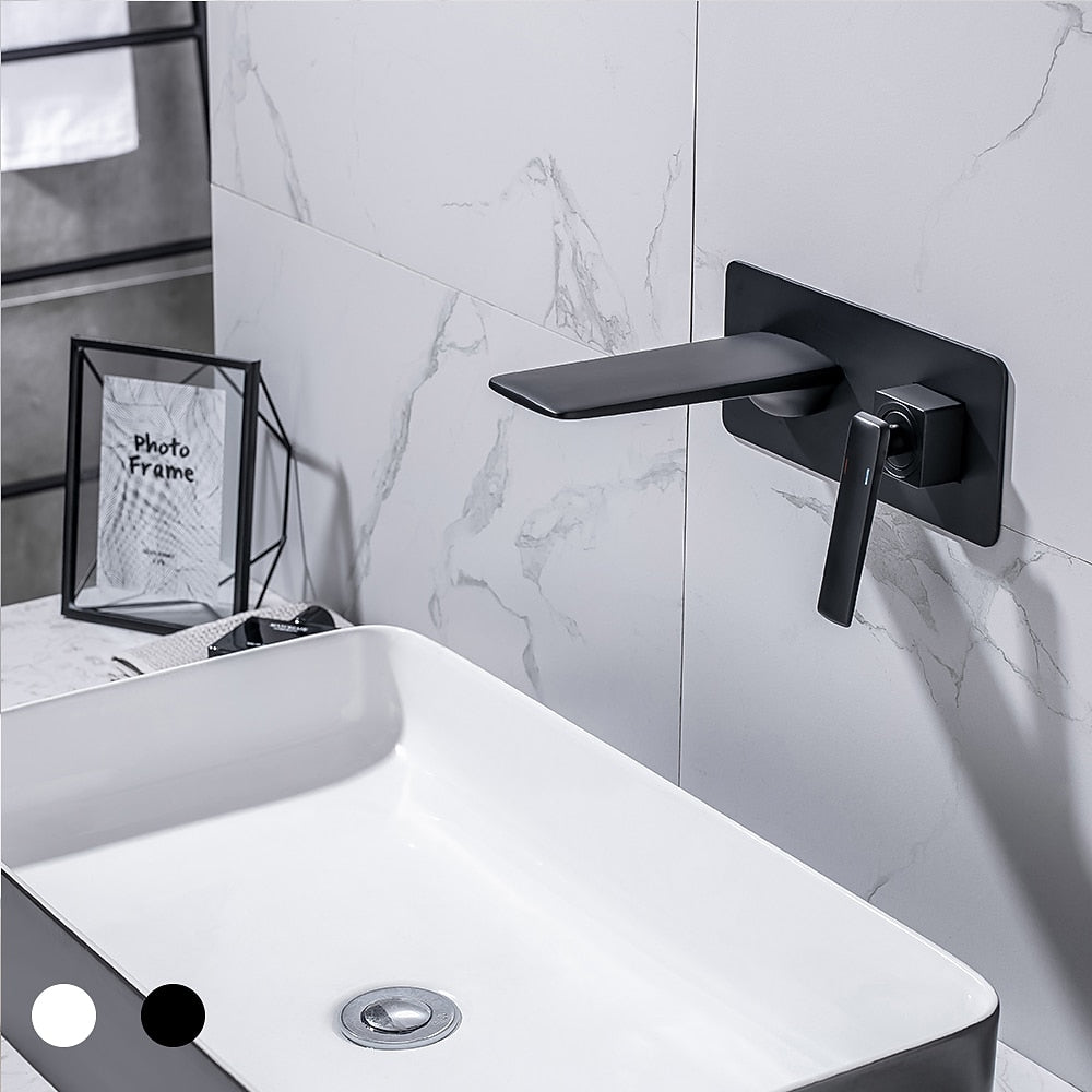Modern Waterfall Bathroom Faucet, Wall-Mount Single-Handle Vessel Sink Faucet, Matte Black / Chrome
