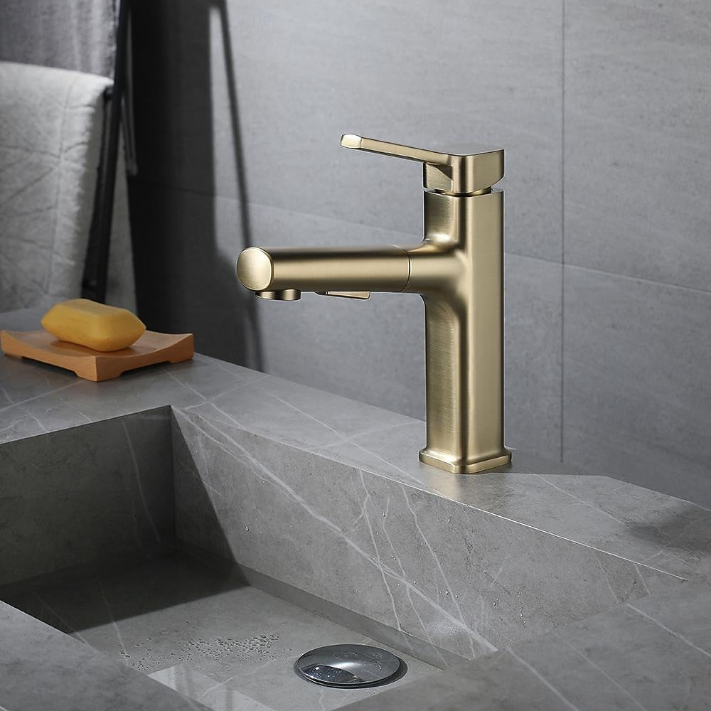 Modern Pull-Out Single-Hole Bathroom Faucet, Single-Handle Basin Faucet, Chrome / Matte Black / Brushed Gold / Gunmetal