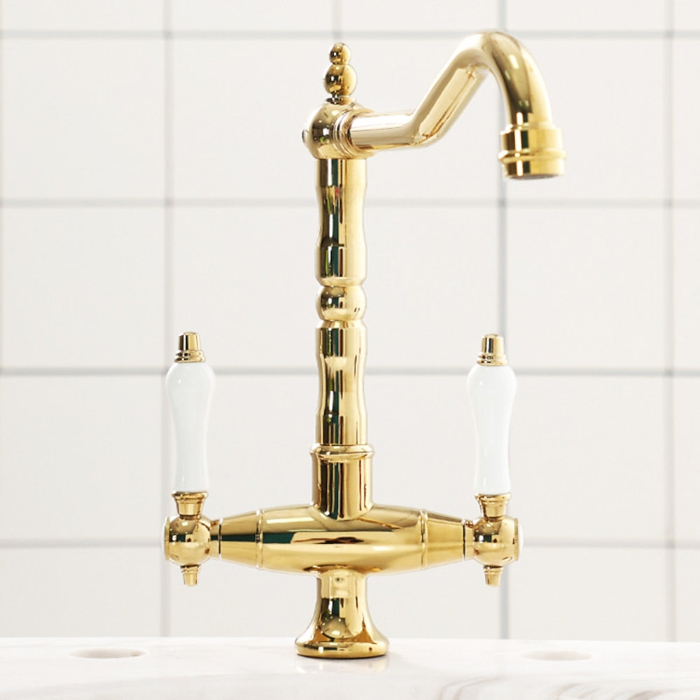 Antique Single-Hole Bathroom Faucet, Dual Ceramic Handle Swivel Spout Faucet, Antique Brass / Brushed Nickel / Chrome / Matte Black / Polished Gold