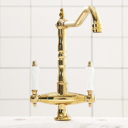 Antique Single-Hole Bathroom Faucet, Dual Ceramic Handle Swivel Spout Faucet, Antique Brass / Brushed Nickel / Chrome / Matte Black / Polished Gold