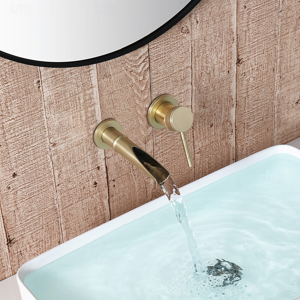Modern Wall-Mount Waterfall Bathroom Faucet, Single-Handle Brass Faucet, Antique Brass / Brushed Gold