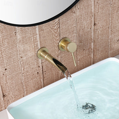 Modern Wall-Mount Waterfall Bathroom Faucet, Single-Handle Brass Faucet, Antique Brass / Brushed Gold