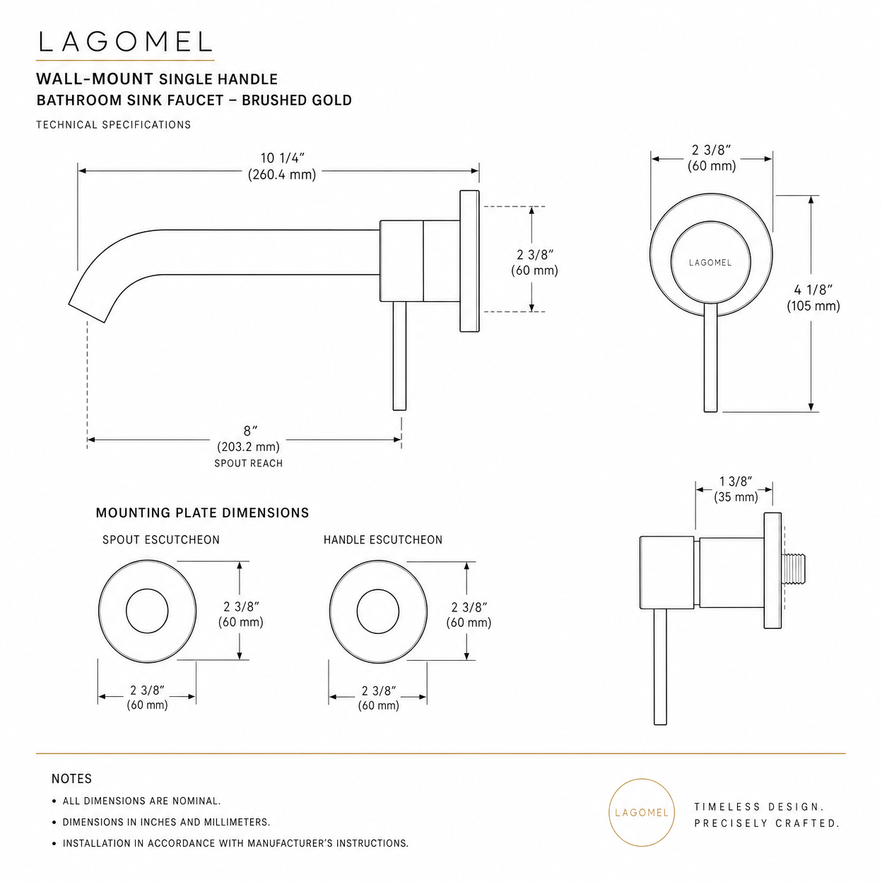 Wall-Mount Single Handle Bathroom Sink Faucet, Brushed Gold