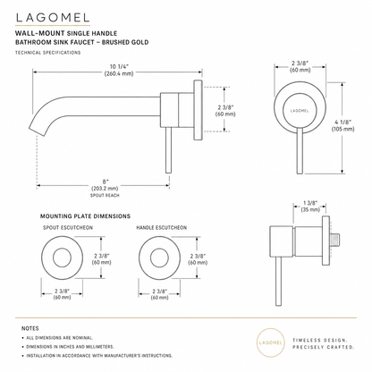 Wall-Mount Single Handle Bathroom Sink Faucet, Brushed Gold