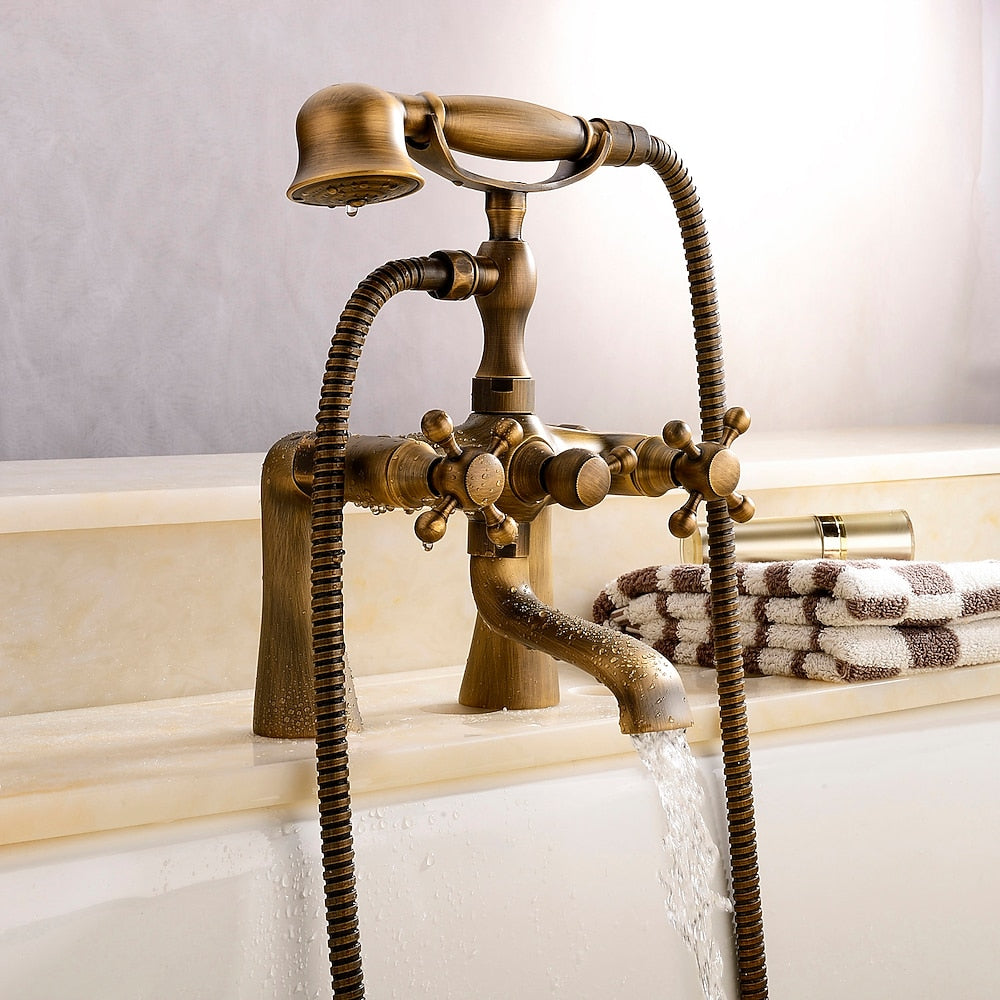 Antique Brass Traditional Deck-Mount Tub Faucet, Two-Handle Tub Filler with Handheld Shower