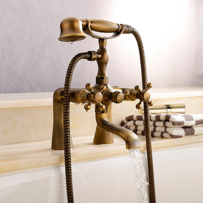 Antique Brass Traditional Deck-Mount Tub Faucet, Two-Handle Tub Filler with Handheld Shower